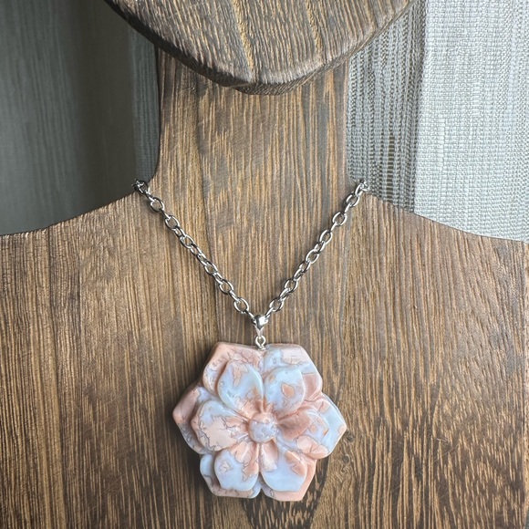 Pink Agate (“Cotton Candy Agate”) Flower Pendant on Stainless Steel Chain - Picture 8 of 14